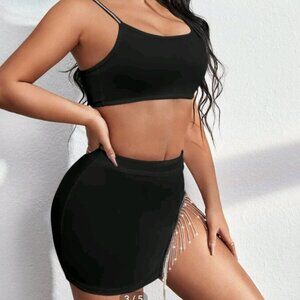 Two piece, rhinestone, Crop Cami Top & Fringe Skirt